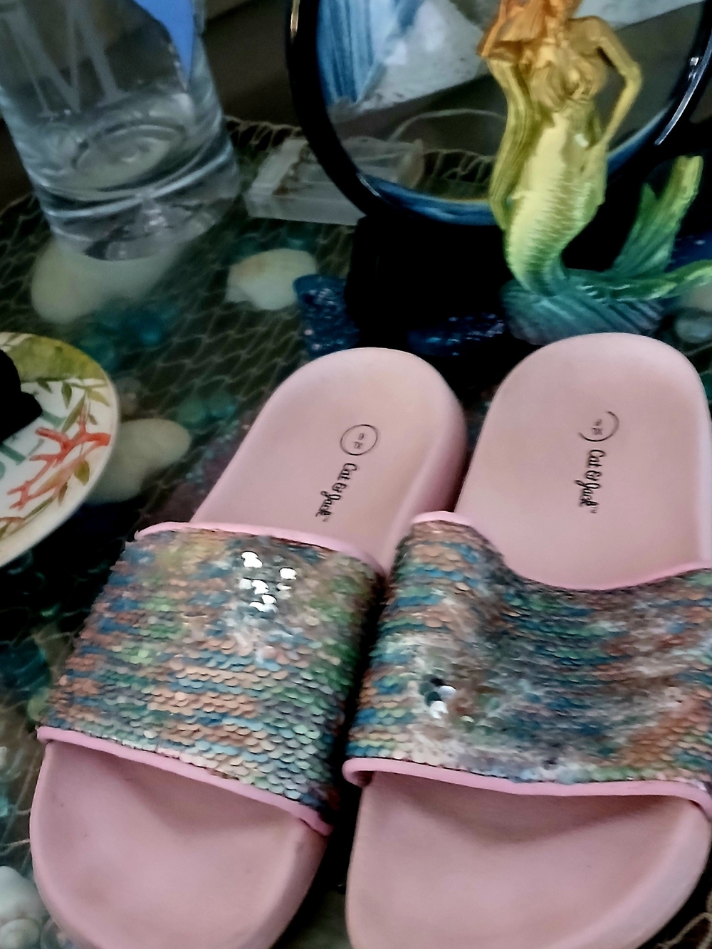 Cat & Jack Pink Slide Sandals with Iridescent Multicolor Sequins